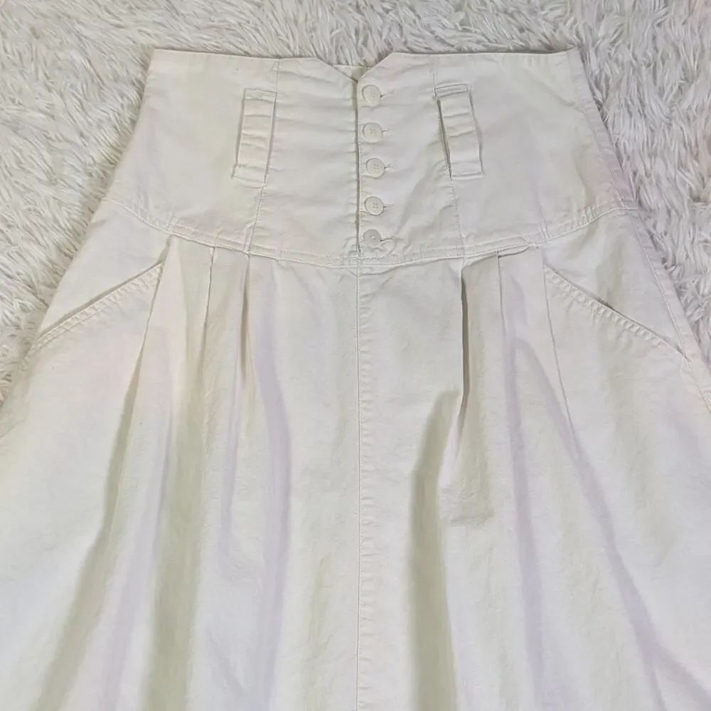 Vintage 90s White Cotton High Waist Pleated Midi Skirt Corset Yoke Waist 9/10